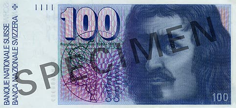 Reproduktion der Vorderseite der 100-Franken-Banknote («Francesco Borromini») der SNB, 6. Serie, ausgegeben 1976, zurückgerufen 2000. (Quelle: Archiv der SNB)