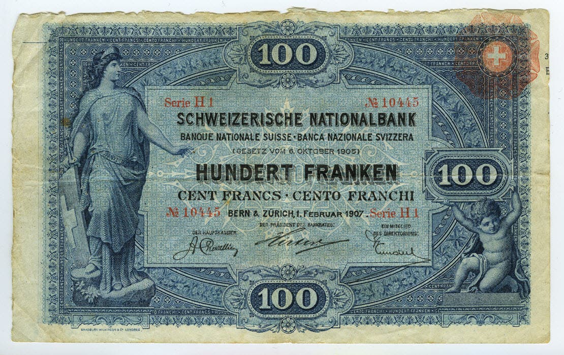 Reproduktion der Vorderseite der 100-Franken-Banknote der SNB, 1. Serie, ausgegeben 1907, zurückgerufen 1925. (Quelle: Archiv der SNB)