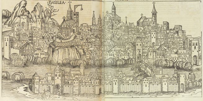 Die Ansicht der Buchdruckerstadt Basel ist eine von 30 Stadtansichten aus der Nürnberger Chronik (1493) von Hartmann Schedel. 