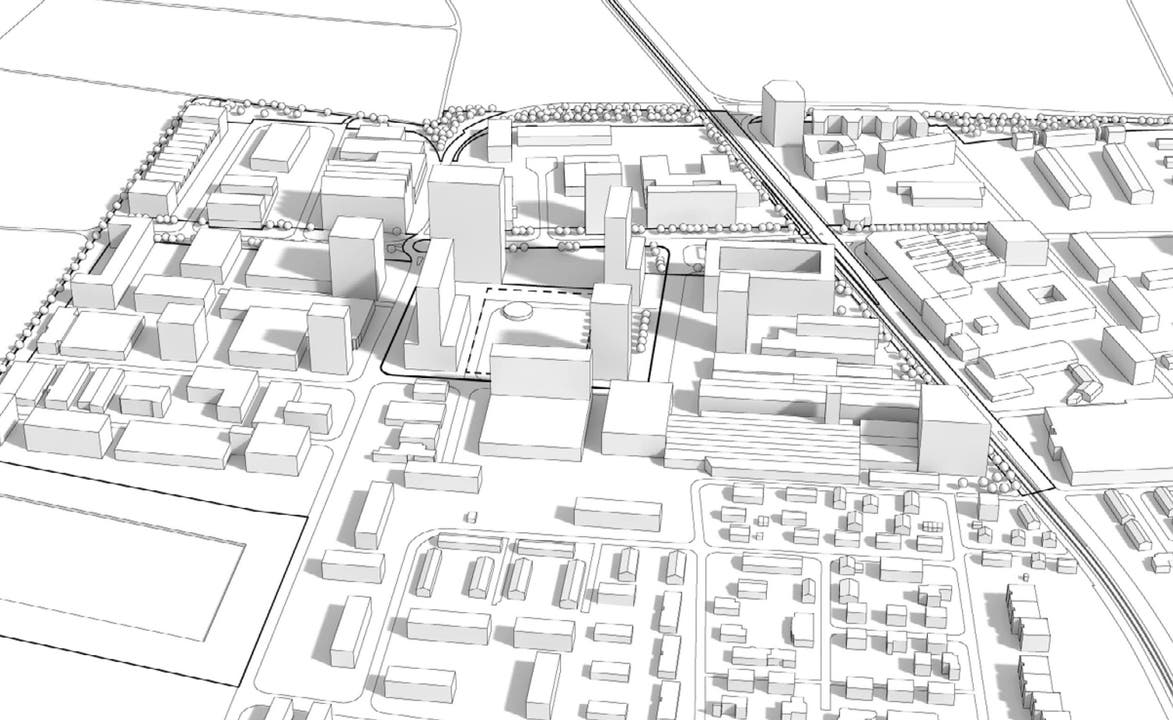 Aesch will das Gewerbegebiet entwickeln und auch für Wohnnutzungen öffnen. In der Mitte sind Hochhäuser vorgesehen.