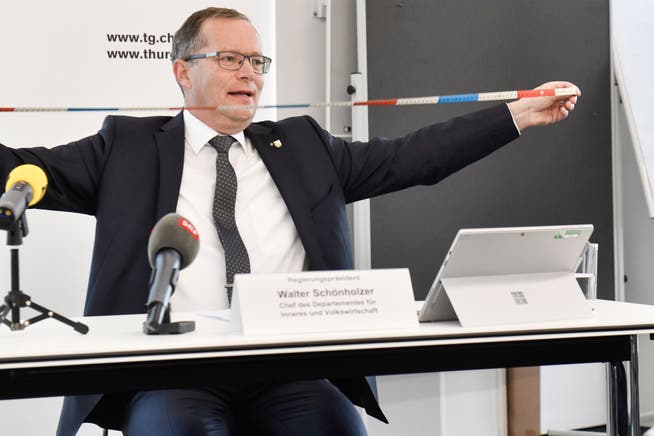 Der Thurgauer Regierungspräsident Walter Schönholzer zeigt die Abstandsregel vor. 
