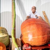 Jürg Wiesli mit einer Auswahl der aussergewöhnlich guten Ernte vor seiner Garage. (Bild: Andrea Stalder (2. Oktober 2020))