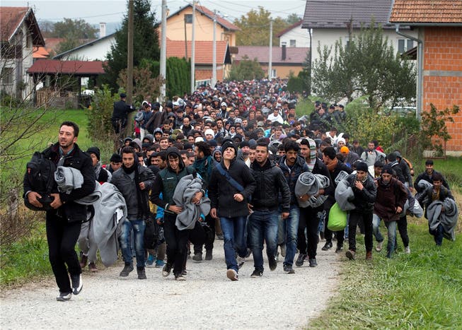 Ein Flüchtlingstreck zieht durch das kroatische Dorf Kljuc Brdovecki an die slowenische Grenze.Darko Bandic/AP/Keystone