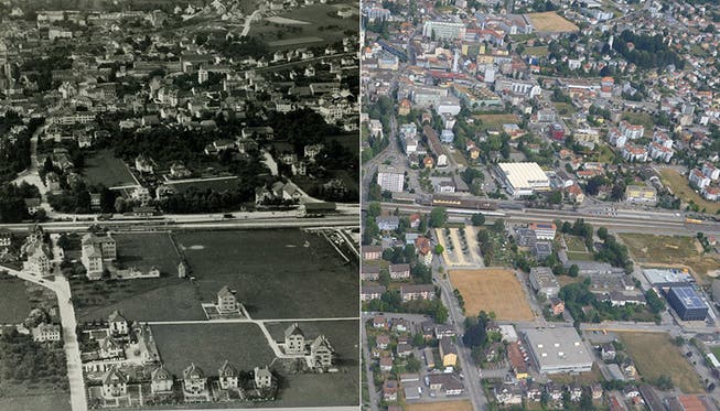 Zwei Luftaufnahmen von Grenchen Süd aus etwa gleicher Position.