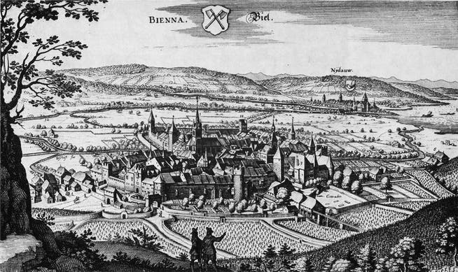 Die Stadt Biel in einer Ansicht von Matthäus Merian in seiner Topographia Helvetiae aus dem Jahr 1654.
