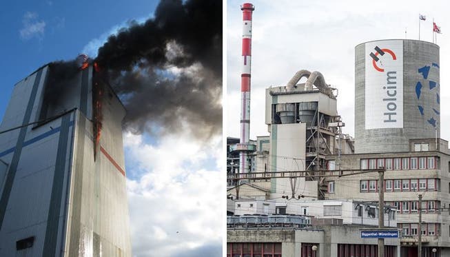 Links der Brand im Februar 2014 – rechts wie das Werk mit Kohlefilter (Mitte) aus anderer Perspektive aussieht.