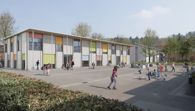 So soll es aussehen: Das neue Schulhaus bei der Schulanlage Leematten in Fislisbach soll auf das Schuljahr 2016/17 bezugsbereit sein.
