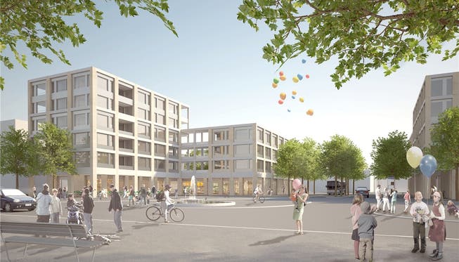 Der Geroldswiler Chilbiplatz soll dereinst so aussehen: Im Erdgeschoss ist eine Coop-Filiale geplant, in den drei bis fünf Obergeschossen sollen Wohnungen entstehen. Foto: ZVG