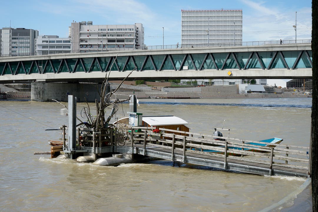 Der Rhein oberhalb der Dreirosenbrücke überspült leicht die untere Rheinpromenade.