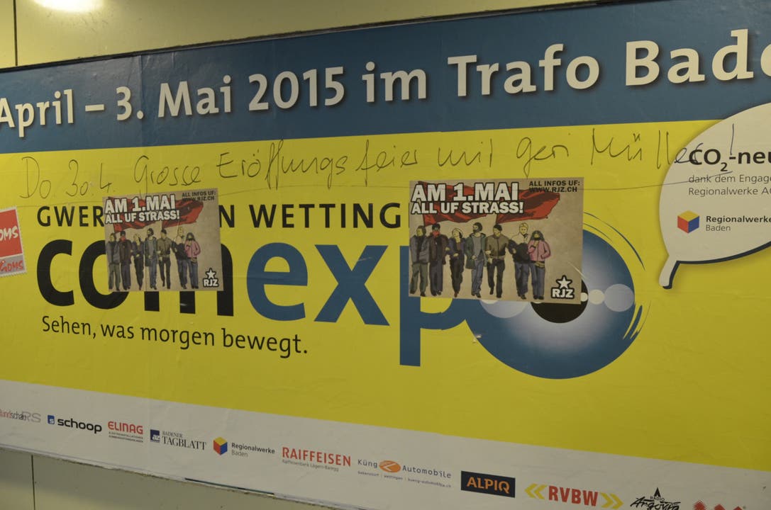Die ironische Bemerkung auf dem Comexpo-Plakat war der einzige «Vandalenakt» des 1. Mai in Baden.