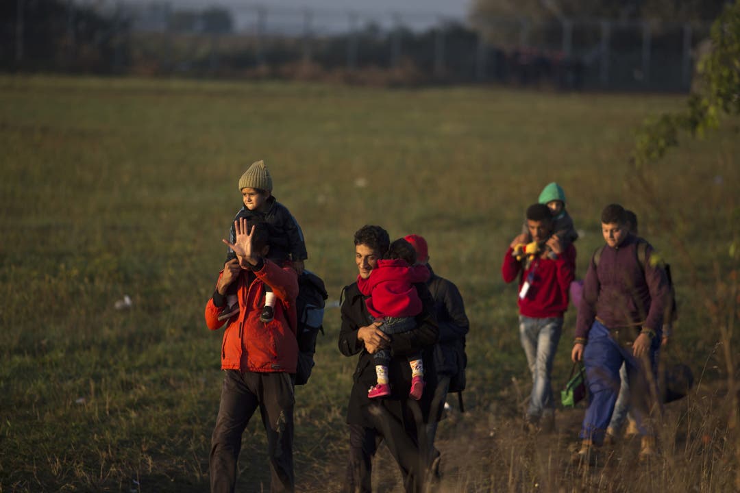 Flüchtlinge überqueren die serbisch-ungarische Grenze.