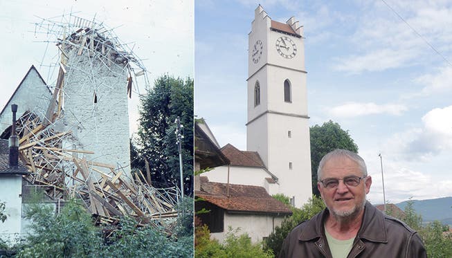 Ueli Flückiger vor der Stadtkirche Büren, deren Turm vor 50 Jahren – nach dem Einsturz im Jahre 1963 – wieder aufgebaut worden ist.