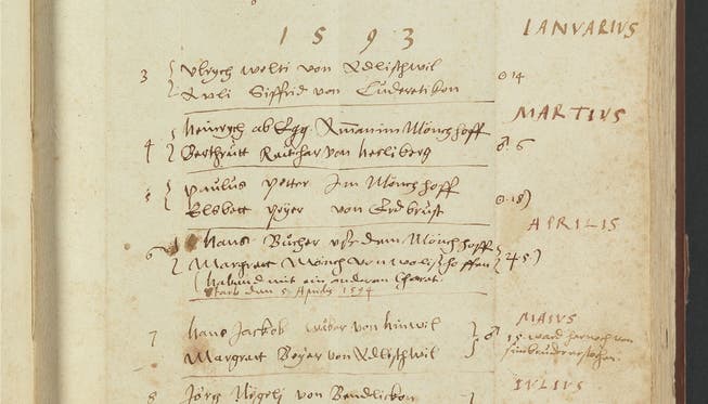 Eine Seite aus dem Ehebuch Kilchberg: Dezember 1592 bis Juli 1593