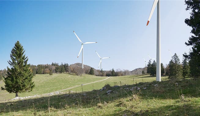 Visualisierung des geplanten Windparks auf dem Grenchenberg - der Verein ProGrenchen setzt sich gegen den Windpark ein.