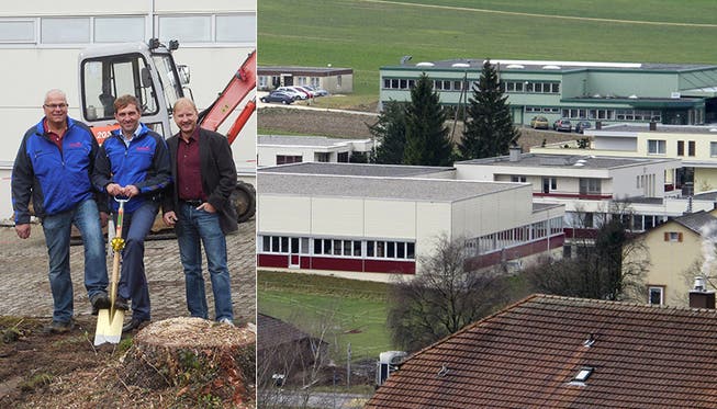 Spatenstich (v. l.): Projektleiter Franz Peier, Bimbosan-Geschäftsführer Daniel Bärlocher und Architekt Rainer Germann markieren den Baubeginn auf dem Areal der Bimbosan AG.