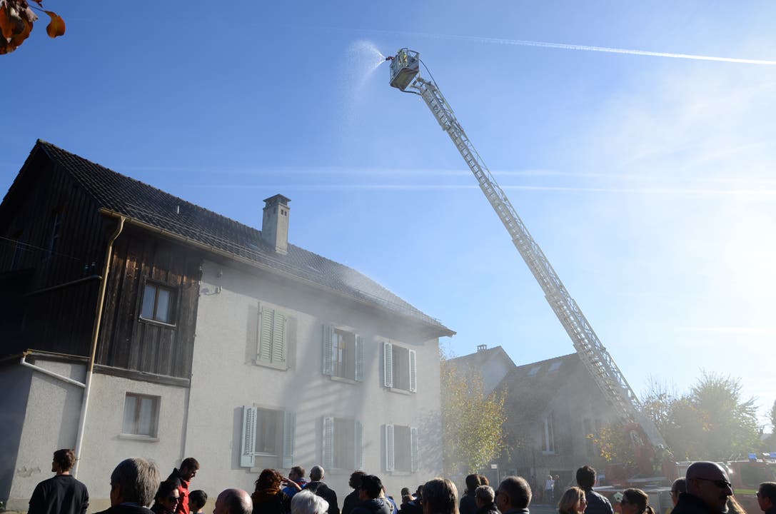 Die Autodrehleiter der Feuerwehr Brugg erlaubt das Besprühen des Hausdaches von oben DSC_4338