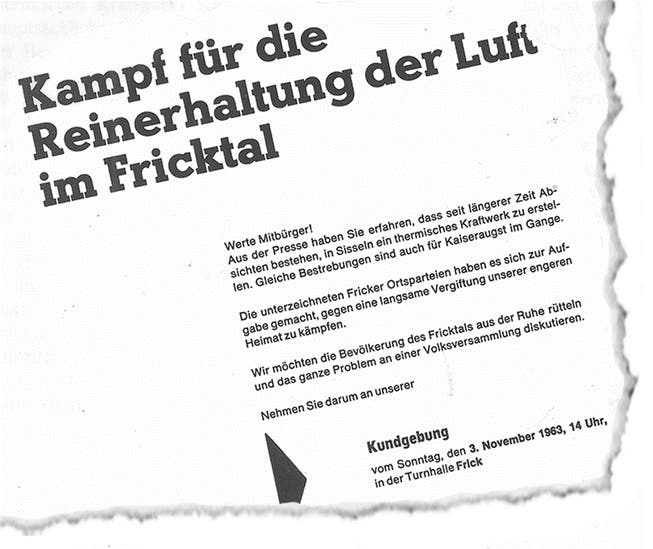 Ausriss eines Flugblatts von 1963: Gegen die Pläne, in Kaiseraugst und Sisseln ölthermische Kraftwerke zu bauen, regte sich im Fricktal heftiger Widerstand.