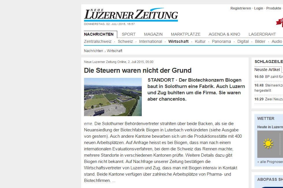 Artikel über Biogen der «Neuen Luzerner Zeitung»