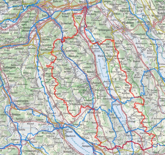 Auf den roten Linien ist der Routenverlauf der «Herzschlaufe Seetal» geplant.