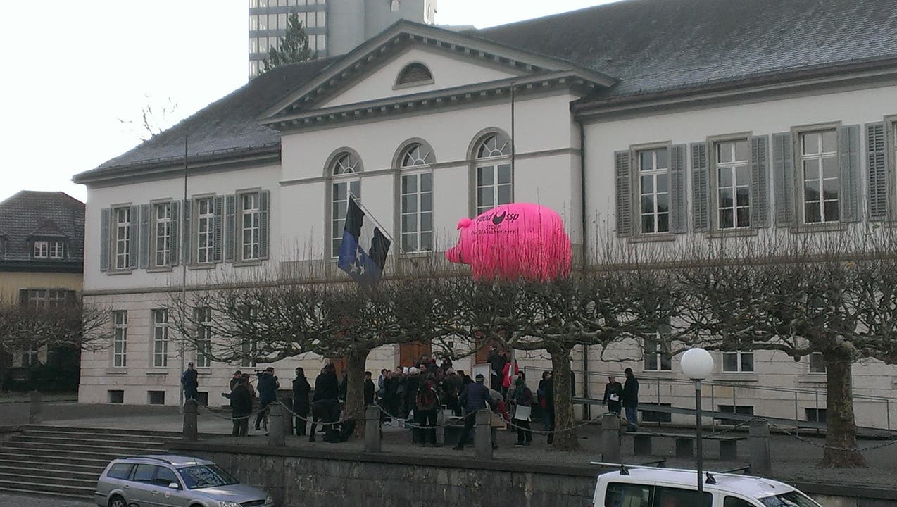Mitglieder des Bündnisses «Aargau mit Zukunft» demonstrieren vor dem Grossratsgebäude in Aarau gegen die geplante «Sparschweinerei» des Kantons.