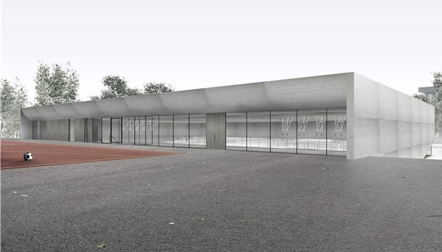 Visualisierung der geplanten Dreifach-Turnhalle Margeläcker.