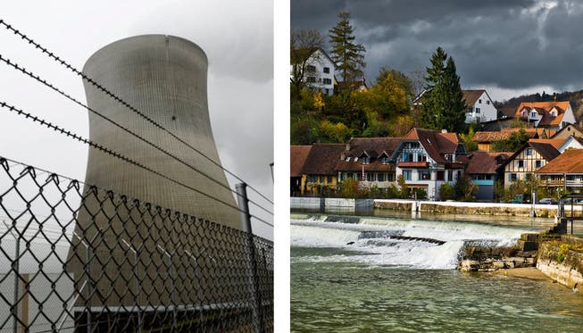 Das Kernkraftwerk Leibstadt (l) und das Wasserkraftwerk Unterwindisch