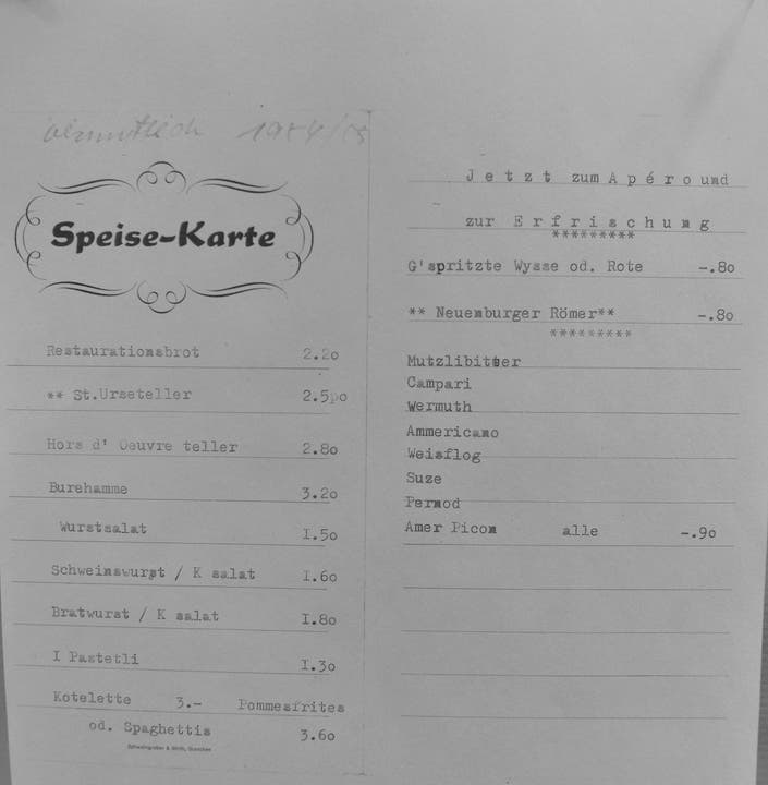 Speisekarte um 1955