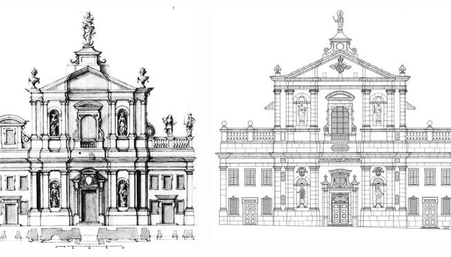 Die Jesuiten taten sich schwer mit der Fassadengestaltung. Es brauchte mehrere Entwürfe, bis das heutige Erscheinungsbild (r.) feststand.