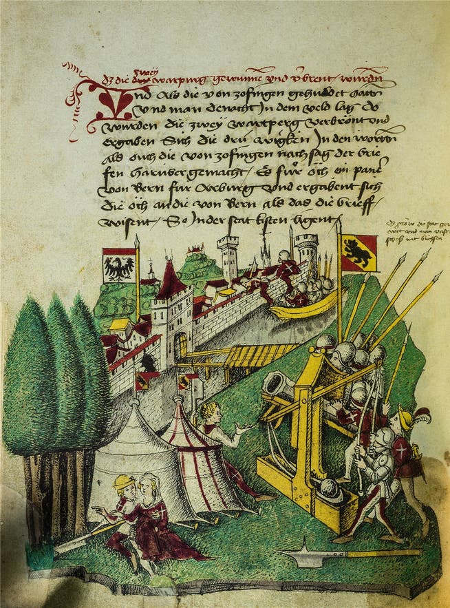 Die Eroberung von Aarau 1415 dargestellt in der Tschachtlanchronik. Reproduktion Kantonsbibliothek/Chris Iseli