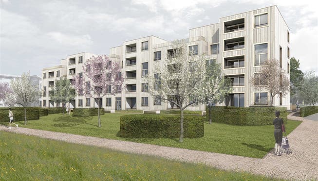 Visualisierung des geplanten Mehrfamilienhauses der Wohnbaugenossenschaft Lägern Wohnen an der Neufeldstrasse in Wettingen.