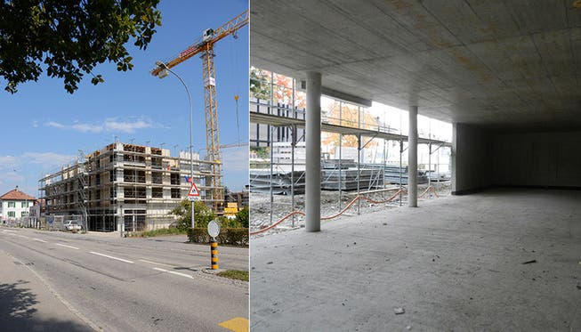 Links: Die drei Gebäude sind im Rohbau erstellt und sollen bis Ende Jahr «dicht» gemacht werden. Rechts: Die neue Lokalität für den «Volg» an zentraler Lage.