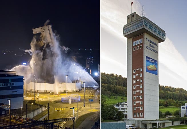Könnte man das Bad Zurzacher Turmhotel (rechts) sprengen? Vor zwei Jahren wurde der Sprecherhof in Aarau (links) mit einer Sprengung zu Fall gebracht. Das Gebäude stammte wie das Turmhotel aus den 60er-Jahren.