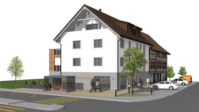 So könnte der neue Dorfladen in Freienwil gemäss Projektstudie aussehen. Oben werden Alterswohnungen gebaut.