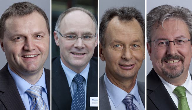 (v.l.n.r.) BDP-Interessent Bernhard Guhl, SVP-Kandidat Hansjörg Knecht, FDP-Kandidat Philipp Müller und GLP-Interessent Beat Flach.
