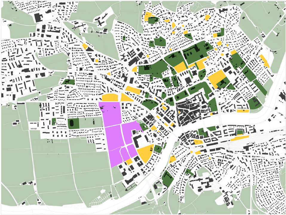 Die Leerflächen (gelb) in der Stadt Solothurn entsprechen in ihrer Gesamtheit dem Weitblick-Areal im Westen (rosa). Grünanlagen sind grün markiert.