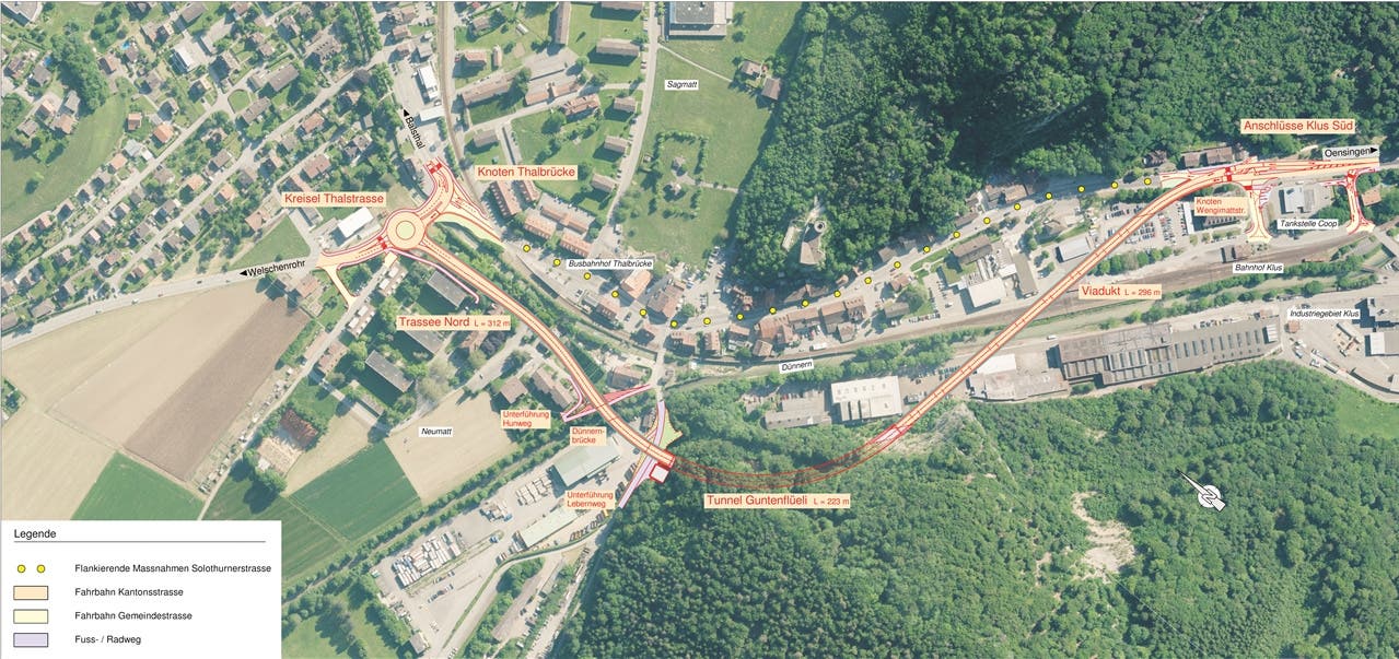 Die gepunktete Linie zeichnet die aktuelle Kantonsstrasse durch die Klus, sie ist für den Langsamverkehr und die Busverbindung vorgesehen. zvg