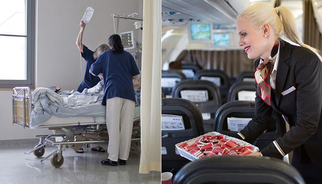 «Hätten Sie gerne ein Schöggeli?» – Swiss-Stewardessen zeigen den Angestellten öffentlicher Spitäler, worauf sie im Umgang mit Patienten achten müssen.