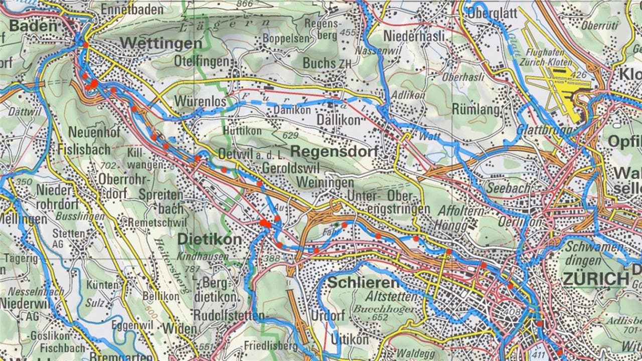 Die blaue Linie mit den roten Punkten zeigt die Etappe der «Route 66» von Baden nach Zürich. Schweiz Mobil