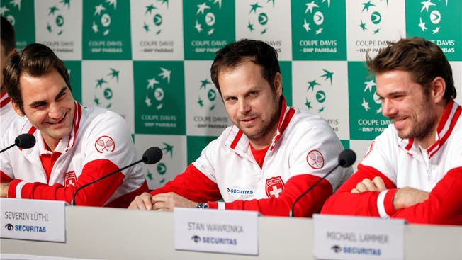 Roger Federer, Severin Lüthi und Stan Wawrinka (v.l.) an der Pressekonferenz.