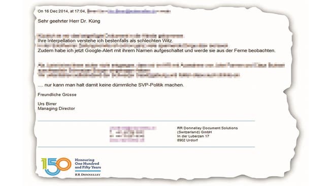 Diese E-Mail hat Urs Birrer, Chef von RR Donnelley, im Dezember an SVP-Kantonsrat Manfred Küng gesendet.