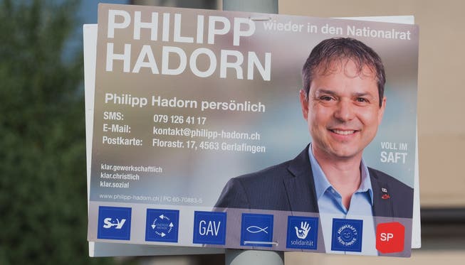 Das Wahlplakat von Philipp Hadorn mit dem Fisch als Symbol des Christentums. (Archiv)