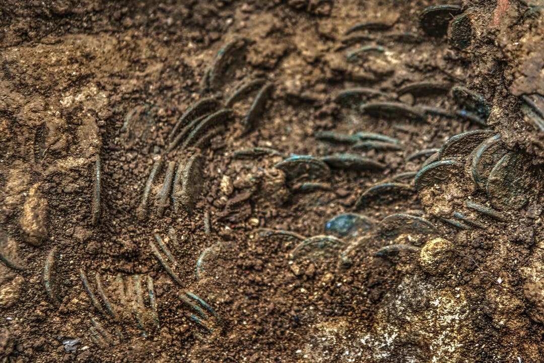 Teile des Münzschatzes von Ueken bei der Entdeckung. Mindestens ein Teil der Münzen wurde offenbar in Säcken aus Stoff oder Leder in der Erde vergraben.