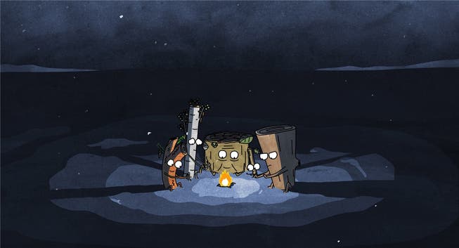 Im Animationsfilm «Timber» (2014) wärmen sich vier Holzscheite am Feuer.