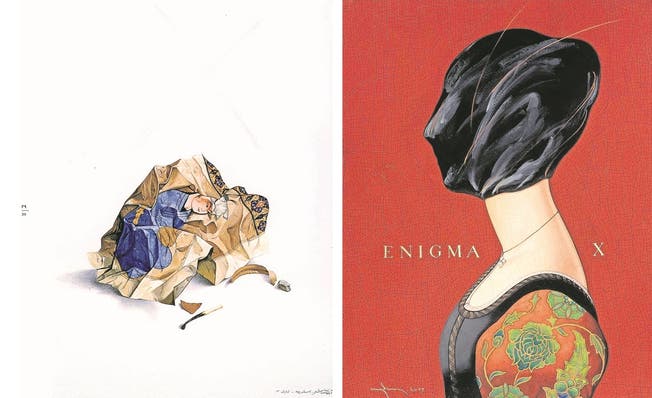 Zwei Werke des zeitgenössischen iranischen Malers Ajdin Aghdaschlu: «Crumpled Miniature», 1980, und «Enigma X», 2009.