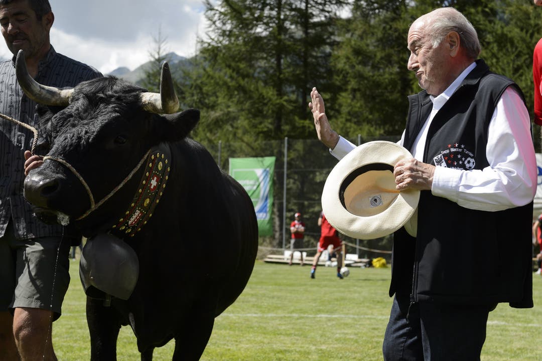 August 2015: Sepp Blatter posiert mit der Kuh Colombo am "Sepp Blatter Fussballturnier".