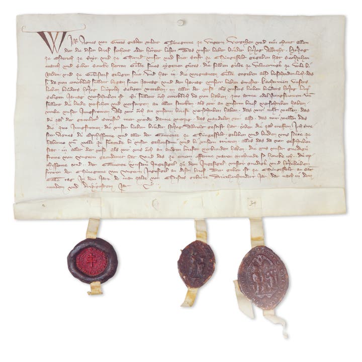 Wir Agnes von Gottes Gnaden ... Königin Agnes von Ungarn bestätigt mit dieser Urkunde eine Jahrzeitstiftung Herzog Albrechts von Österreich. Sie wurde am 16. Oktober 1339 in Königsfelden ausgestellt. Zur Stiftung gehören Güter in Villmergen, Wil bei Baden und in Gebenstorf.