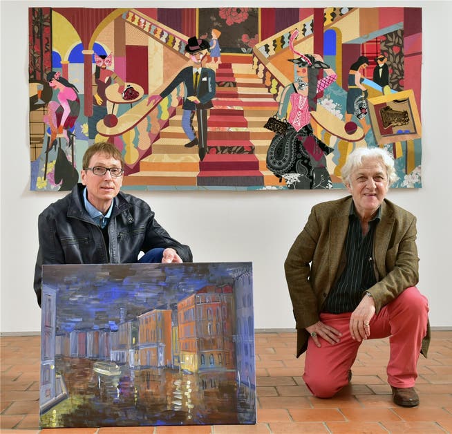 Stefan Grütter (links) mit dem Werk «Notturno» und Urs Borner mit der Collage «Hotel Gabrieli» von 2015.