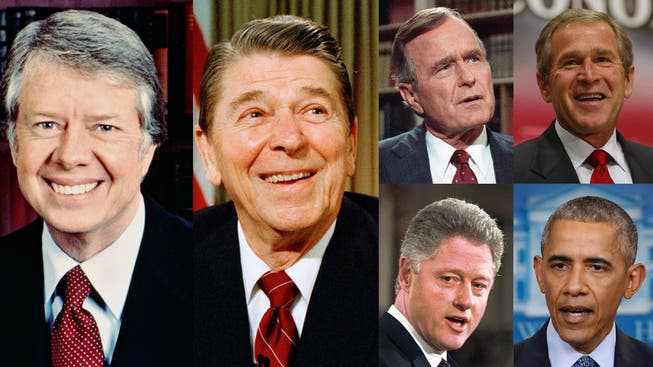 Die letzten US-Präsidenten (von links nach unten rechts): Jimmy Carter, Ronald Reagan, George Bush, George W. Bush, Bill Clinton und Barack Obama.
