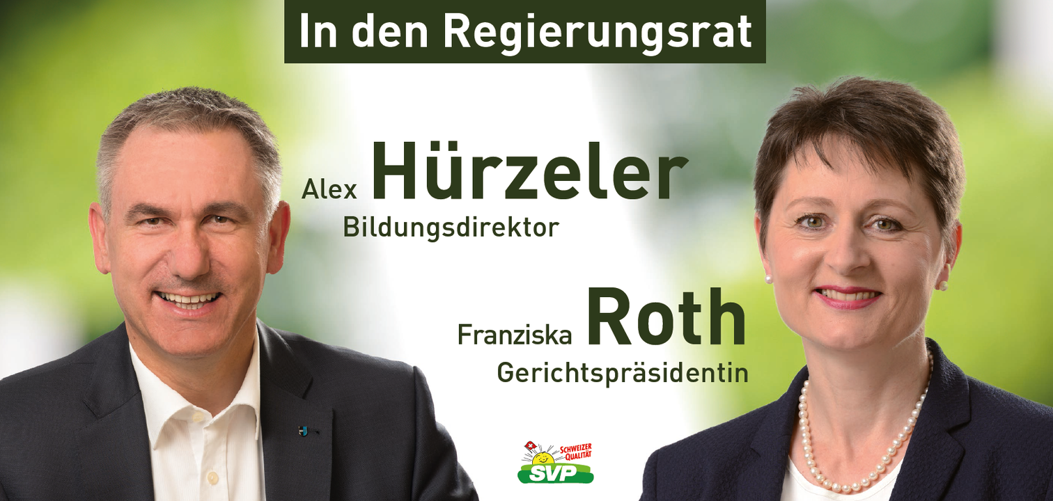 Alex Hürzeler und Franziska Roth, SVP – «ein Paar?» Baumanns Kommentar: «Man will offensichtlich das Grüne herausstreichen. Ein entspannteres Lächeln täte ihm gut, er könnte es gleich bei ihr abschauen. Man fragt sich: Sind die zwei ein Paar?»