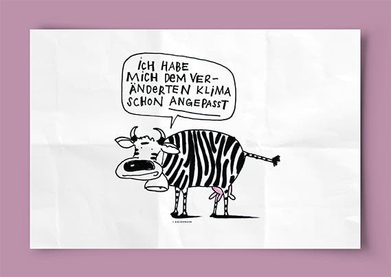  «Die Lieblingstemperatur der Kuh liegt zwischen 4 und 16 Grad Celsius. Aber auch Menschen leiden unter Hitzewellen. Jene von 2003 (Juni bis August) liess die Sterblichkeitsrate um 7 % ansteigen.» Jede der Zeichnungen kommt mit einer kurzen, sachlichen Erklärung des Solothurnischen Amts für Umwelt.